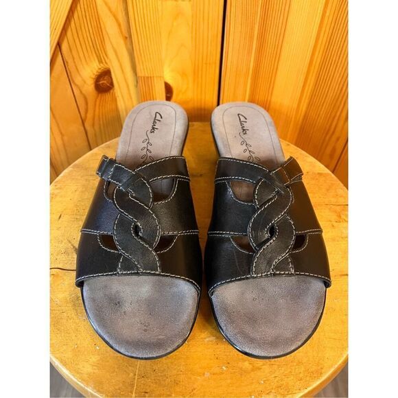 Clarks Women’s Sandals Black Sz 9M Leather  Slides Twists - Picture 2 of 8